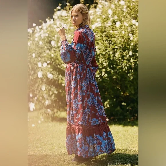 Anthropologie Boho Floral Maxi Shirt Dress NWT M Petite Flowy Cottagecore HTF - Picture 7 of 9